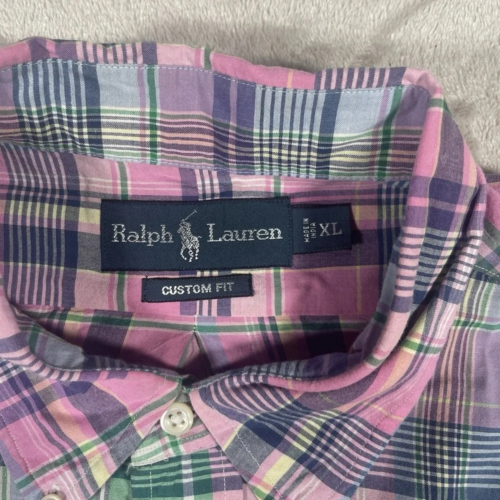 Ralph Lauren Custom Fit Plaid Button Down Shirt Mens‎ XL Pink Blue